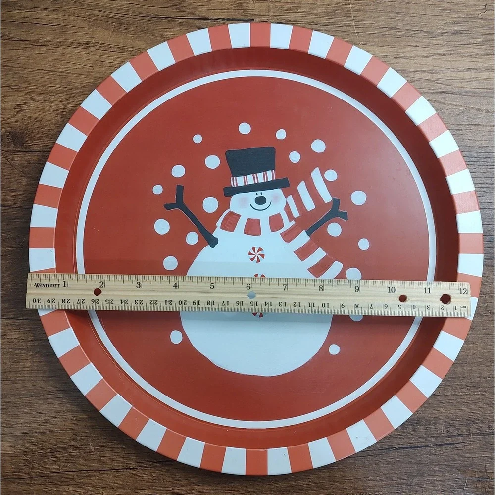 Vintage Metal Christmas Round Serving Plate Snowman Peppermint Stripes Candy B7